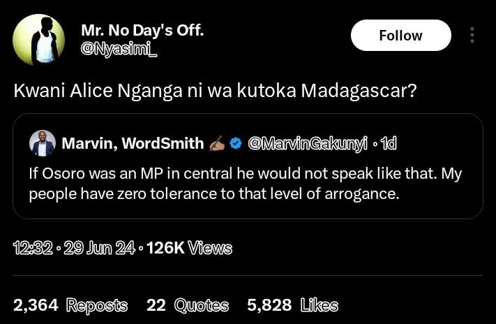Mr. no day's off. 'nyasimi _ follow kwani alice nganga ni wa kutoka madagascar?