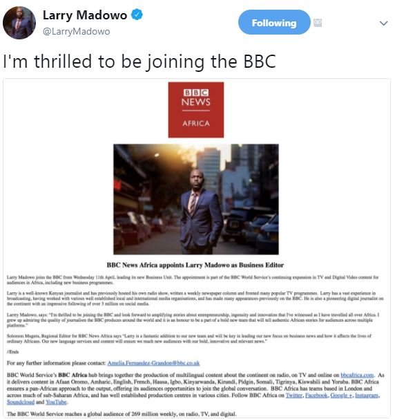 Larry madowo larrymadowo following i'm thrilled to be joining the bbc og news af