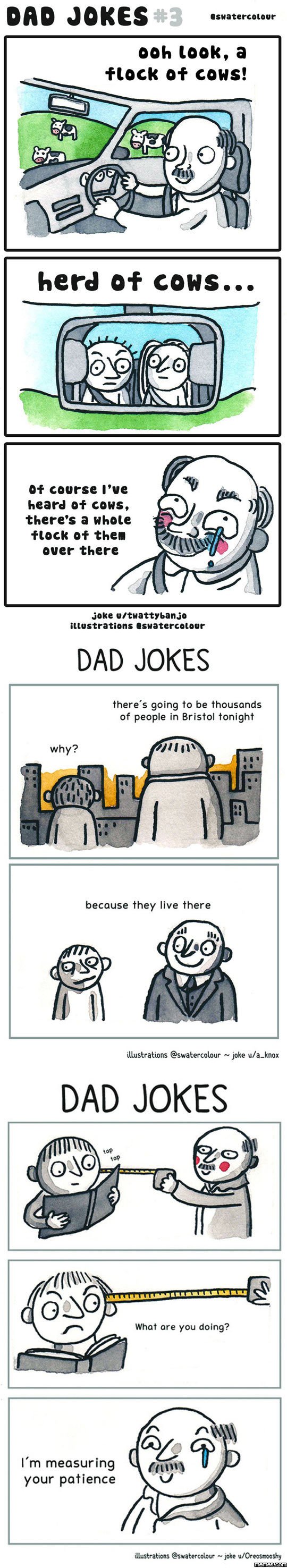 Dad jokes 3 oswatercolour oob look, 9 flock of cows! herd f cows. of course 've