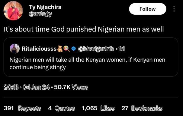 Ty ngachira ntofy follow it's about time god punished nigerian men as well rital