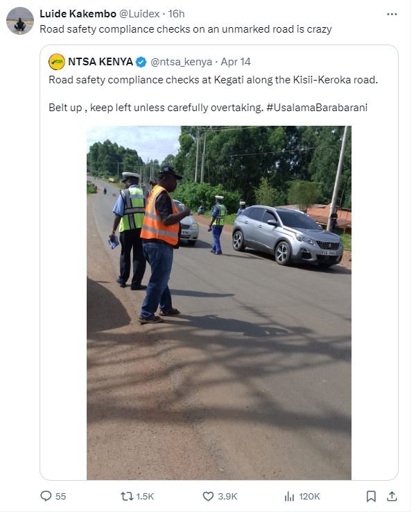 Luide kakembo luidex 16h road safety compliance checks on an unmarked road is cr