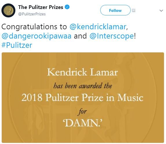 The pulitzer prizes pulitzerprizes follow congratulations to kendricklamar, dang