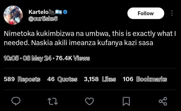 Kartelo gundske6 follow nimetoka kukimbizwa na umbwa, this is exactly what neede