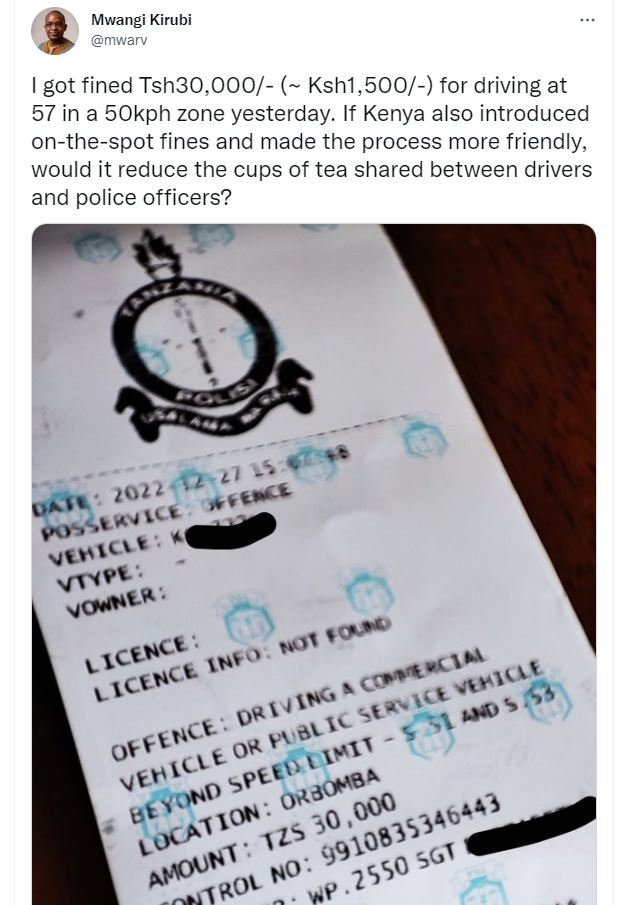 Mwangi kirubi mwarv got fined tsh3o,000 ksh1,500 for driving at 57 in a 5okph zo