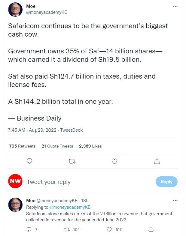 Moe moneyacademyke safaricom continues to be the government's biggest cash cow.