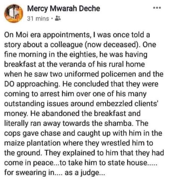 Mercy Mwarah Deche 31 mins On Moi era appointments, was once told a story about