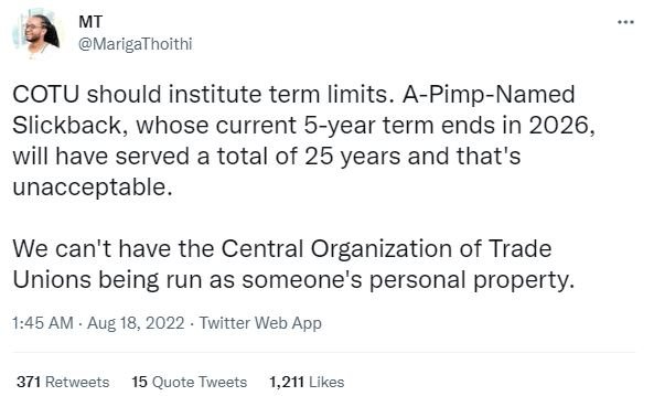 Mt marigathoithi cotu should institute term limits. apimpnamed slickback, whose