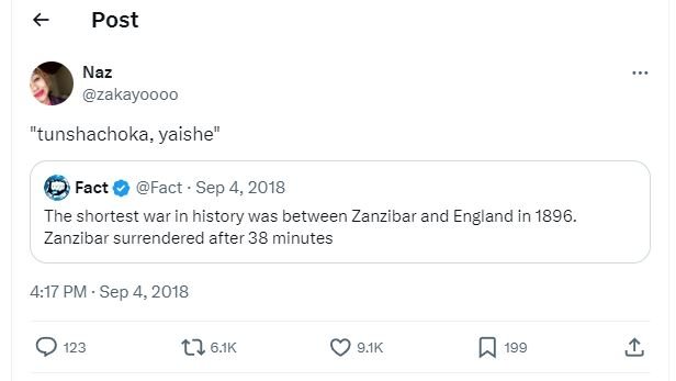 Post naz zakayoooo tunshachoka yaishe fact fact . sep 4, the shortest war in his