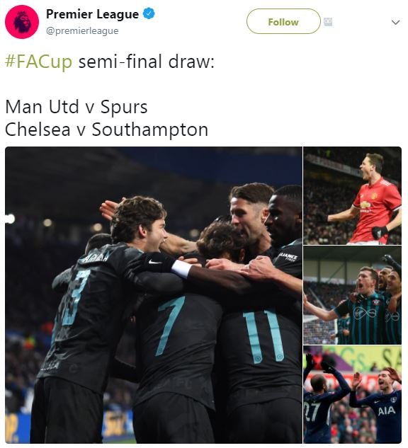 Premier league premierleague follow facup semifinal draw man utd v spurs chelsea