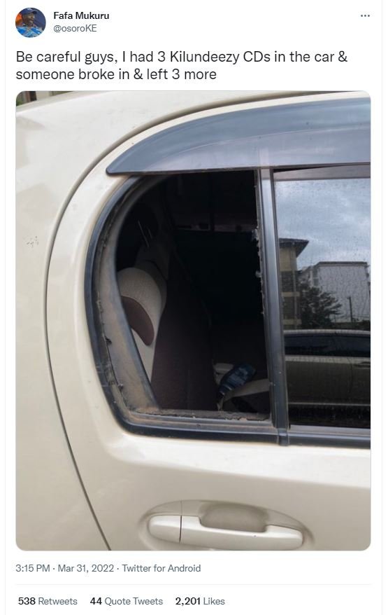 Fafa mukuru osoroke be careful guys, 1 had 3 kilundeezy cds in the car someone b