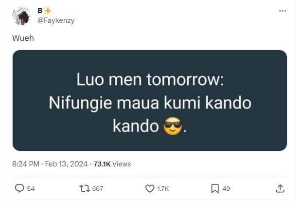 Faykenzy wueh luo men tomorrow nifungie maua kumi kando kando 8.24 pm feb 13, 73