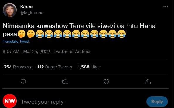 Karen ke_karenn nimeamka kuwashow tena vile siwezi oa mtu hana pesa translate tw