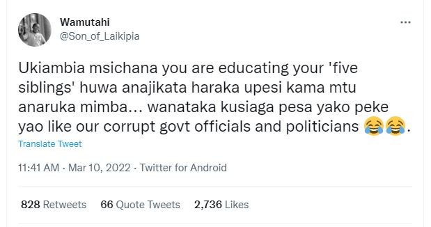 Wamutahi son_of_laikipia ukiambia msichana you are educating your 'five siblings