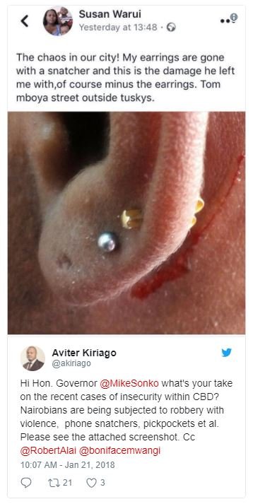 Susan warui yesterday at 1348 the chaos in our city! my earrings are gone with s