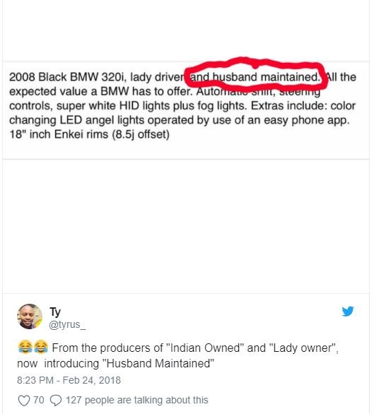 Black bmw 320i, lady driver and husband maintained the expected value a bmw has