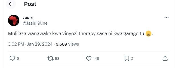 Post jasiri jasiri_9line mulijaza wanawake kwa vinyozi therapy sasa ni kwa garag