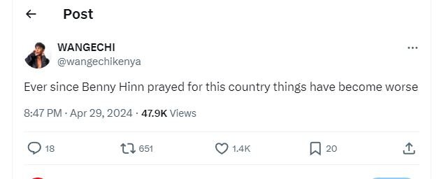 Post wangechi wangechikenya ever since benny hinn prayed for this country things