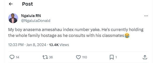 Post ngalula rn ngaluladonald my boy anasema amesahau index number yake. he's cu