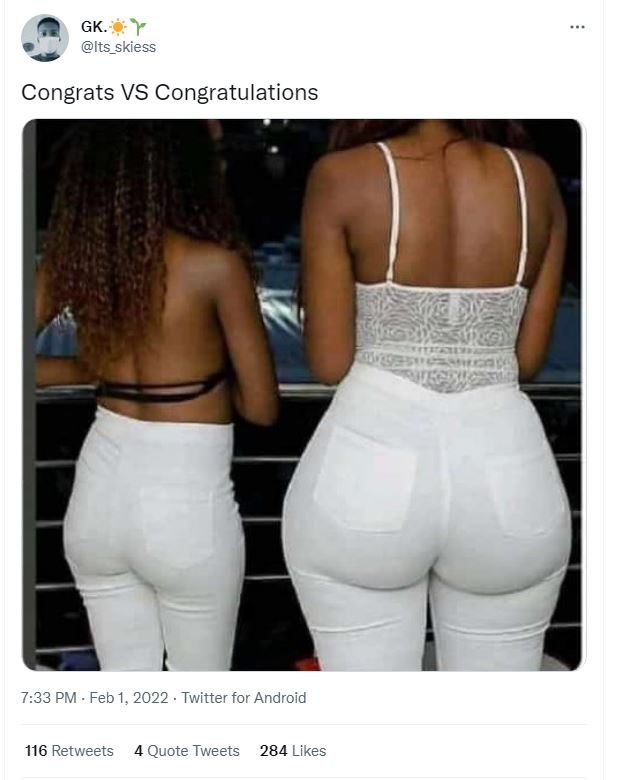 GK. Its_skiess Congrats VS Congratulations 7.33 PM . Feb 1, Twitter for Android