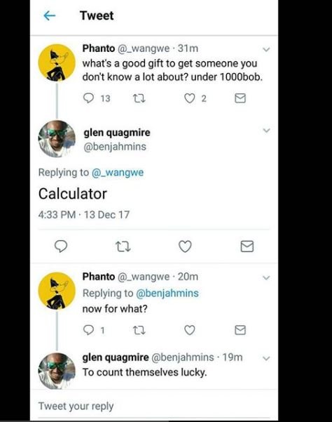 Tweet phanto _wangwe 31m whats good gift to get someone you dont know a lot abou