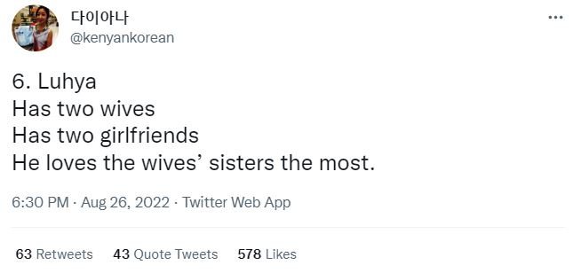 Ctolotyt kenyankorean 6. luhya has two wives has two girlfriends he loves the wi