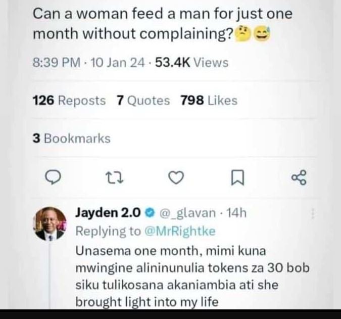 Can a woman feed a man for just one month without complaining? 8.39 pm 10 jan 24