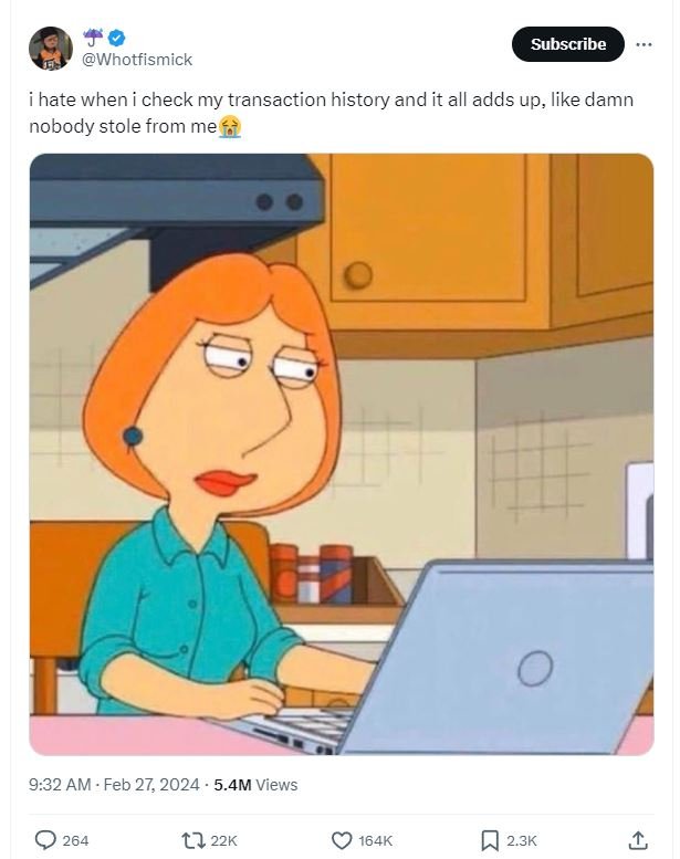 Subscribe whotfismick i hate when check my transaction history and it all adds u