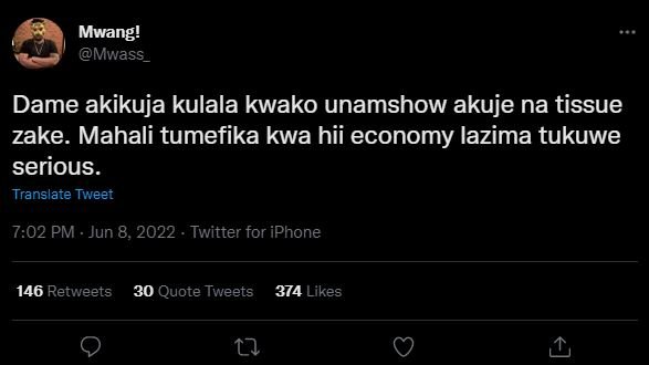 Mwang! mwass_ dame akikuja kulala kwako unamshow akuje na tissue zake. mahali tu