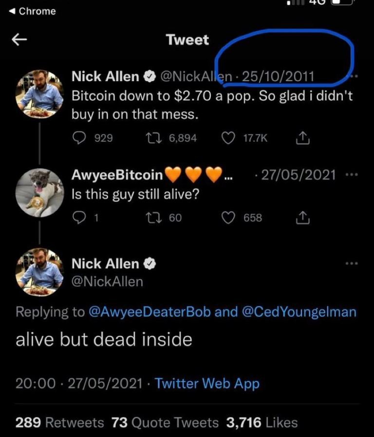 Chrome Tweet Nick Allen NickAllen . 2510 Bitcoin down to 2.70 a pop. So glad i d