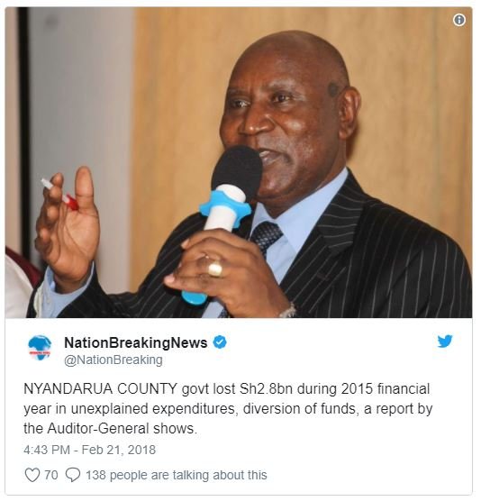 Nationbreakingnews nationbreaking nyandarua county govt lost sh2.8bn during fina