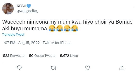 Kesh wangecike wueeeeh nimeona my mum kwa hiyo choir ya bomas aki huyu mumama ee