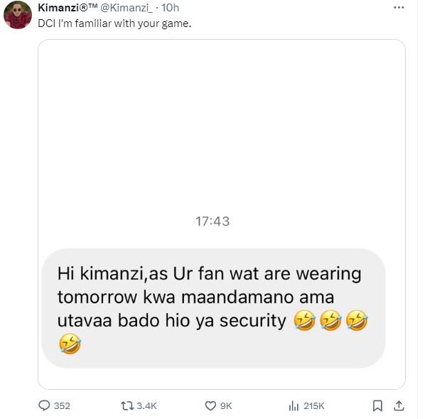Kimanzi kimanzi_ 10h dci 'm familiar with your game _ 1743 hi kimanzi,as ur fan