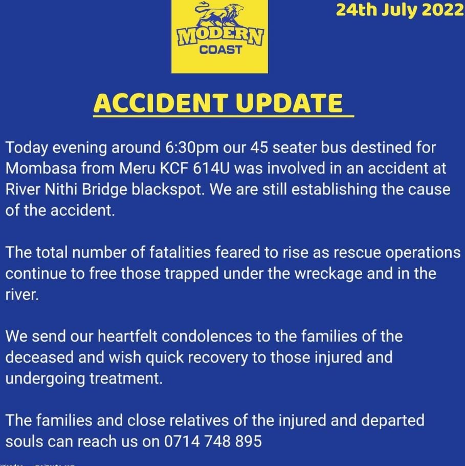 24th july mdea coast accident update today evening around 6.3opm our 45 seater b