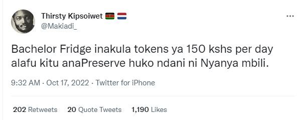 Thirsty kipsoiwet makiadi _ bachelor fridge inakula tokens ya 150 kshs per day a