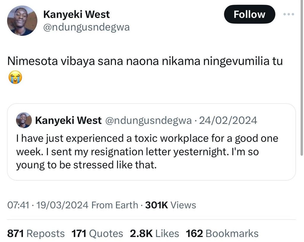 Kanyeki west ndungusndegwa follow nimesota vibaya sana naona nikama ningevumilia