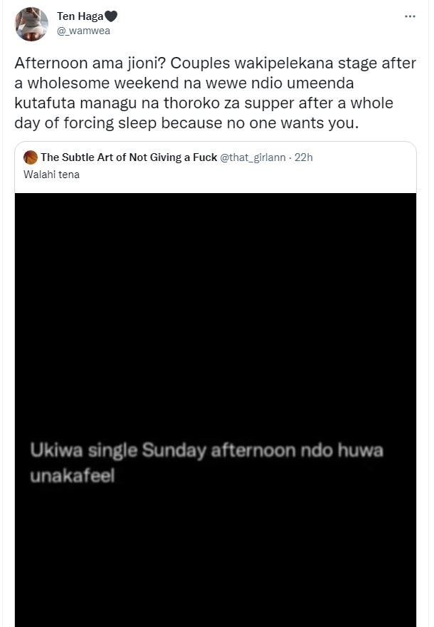 Ten Haga wamwea Afternoon ama jioni? Couples wakipelekana stage after a wholesom