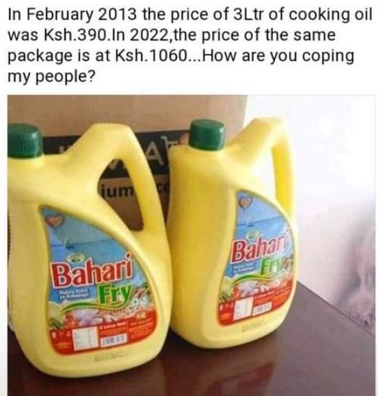 In February the price of 3Ltr of cooking oil was Ksh.390.In ,the price of the sa