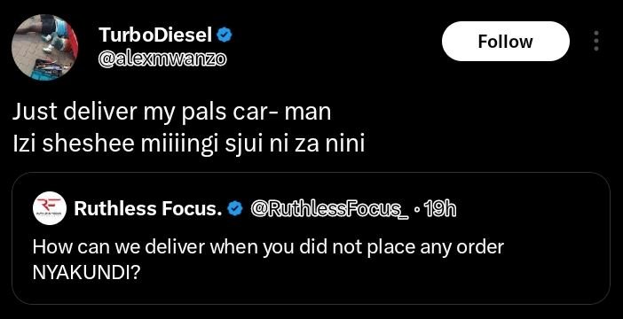 Turbodiesel alexwanzo follow just deliver my pals car man izi sheshee miiiingi s