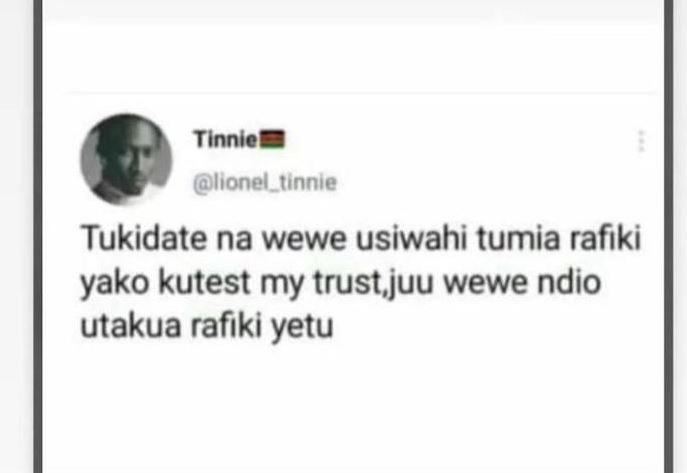 Tinnie ilonel_tinnle tukidate na wewe usiwahi tumia rafiki yako kutest my trustj