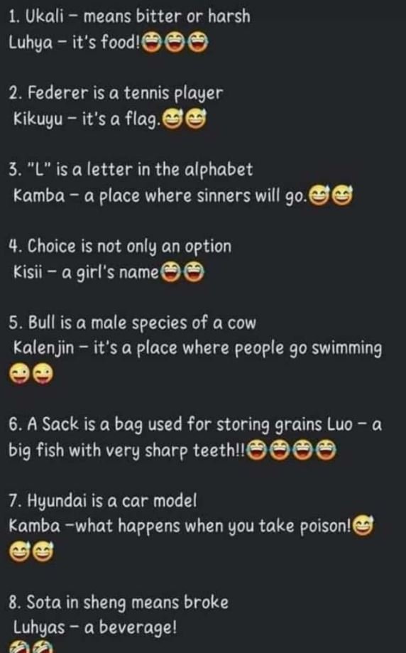 1. ukali means bitter or harsh luhya it's food! 2. federer is a tennis player ki