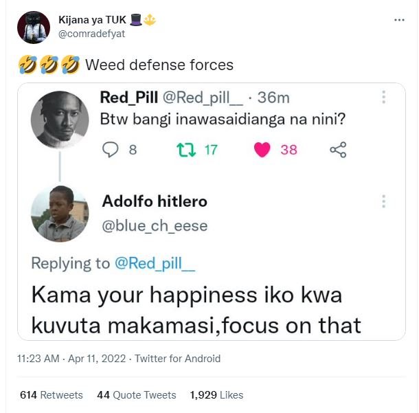 Kijana ya tuk comradefyat weed defense forces red_pill red_pill 36m btw bangi in