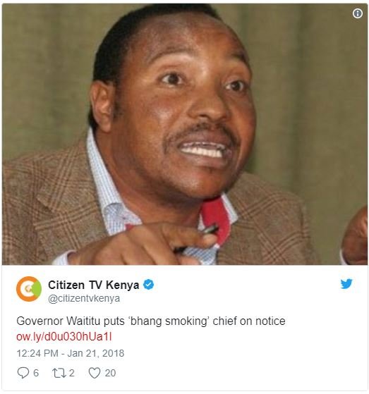 Citizen tv kenya citizentvkenya governor waititu puts 'bhang smoking' chief on n