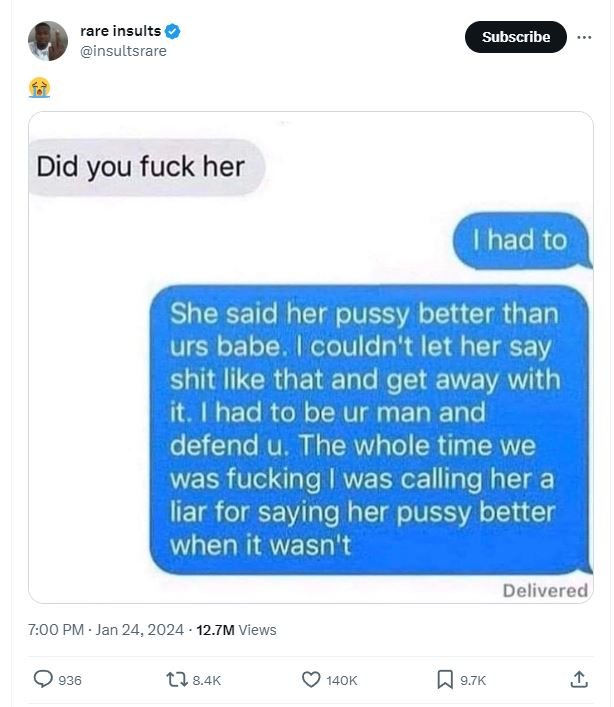 Rare insults insultsrare subscribe did you fuck her had to she said her pussy be