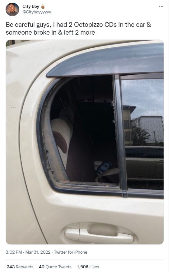 City boy cityboyyyyyy be careful guys, had 2 octopizzo cds in the car someone br