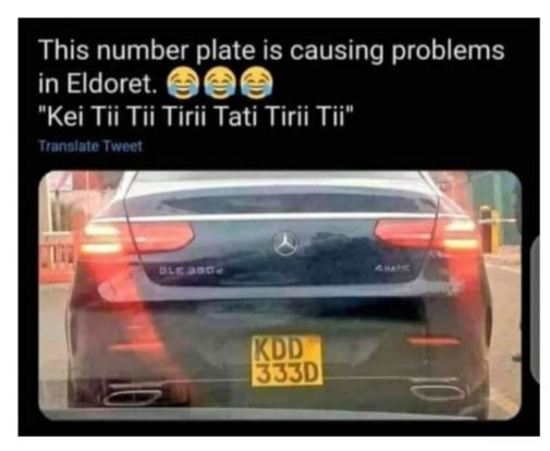 This number plate is causing problems in eldoret. 'kei tii tii tirii tati tirii