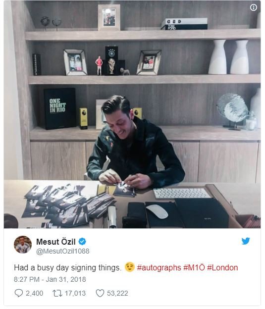 0 mesut özil mesutozil1088 had a busy day signing things 8.27 pm jan 31, autogra