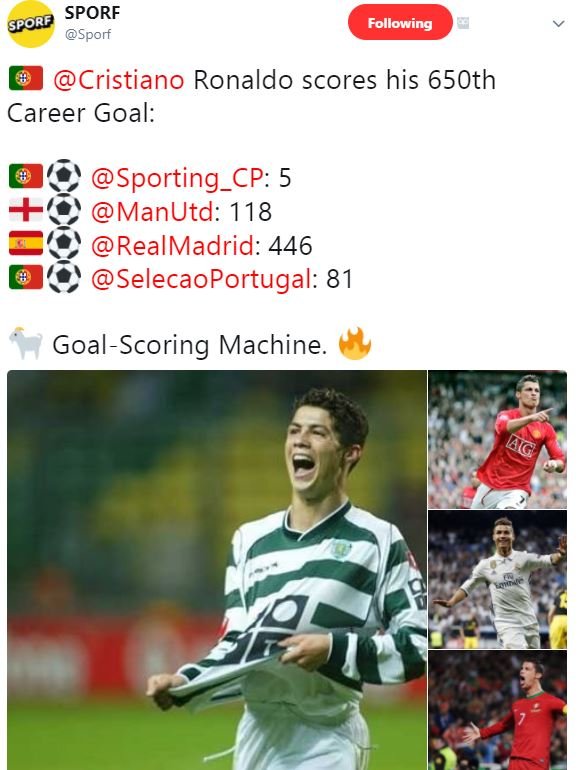 Sporf sporp sport following cristiano ronaldo scores his 65oth career goal sport