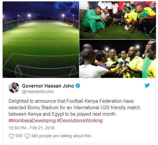 Governor hassan joho hassanalijoho delighted to announce that football kenya fed