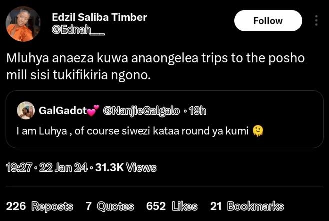 Edzil saliba timber edna follow mluhya anaeza kuwa anaongelea trips to the posho