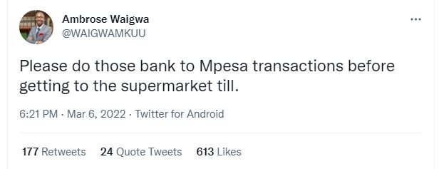 Ambrose waigwa waigwamkuu please do those bank to mpesa transactions before gett